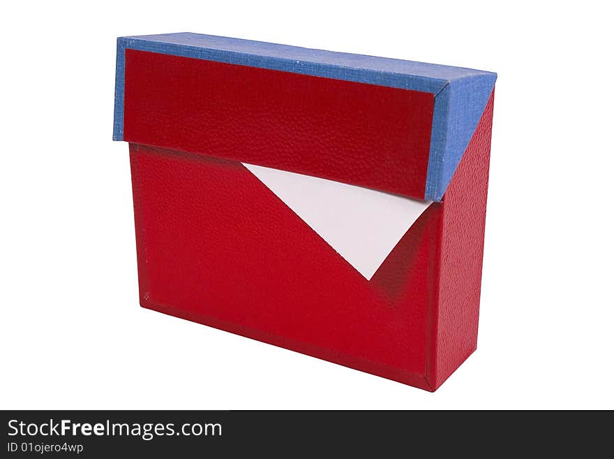 Red box with a sheet of paper, isolated on white background, cardboard. Red box with a sheet of paper, isolated on white background, cardboard