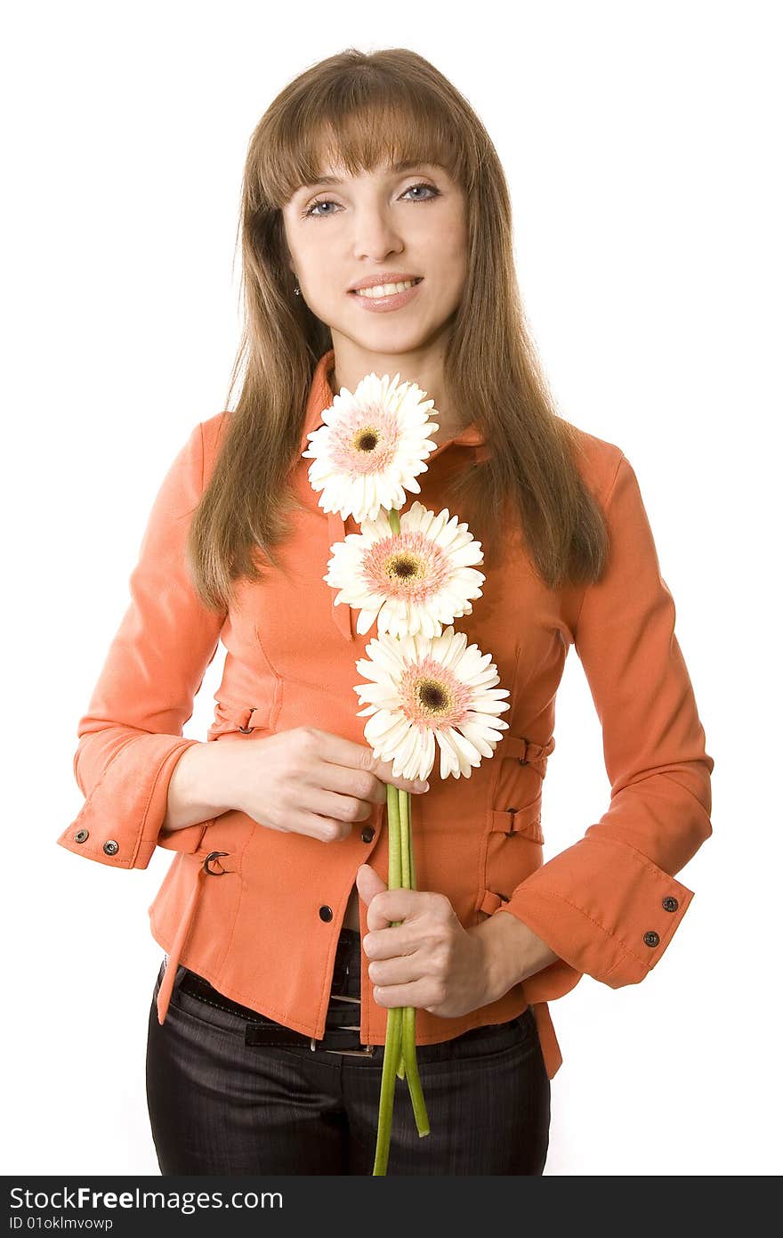 Beauty lady with flowers isolated on white