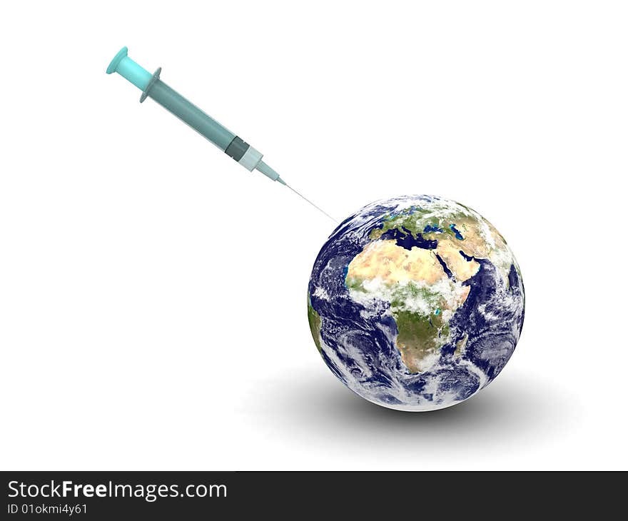 Digital render of earth with a syringe, europe and africa view. Digital render of earth with a syringe, europe and africa view