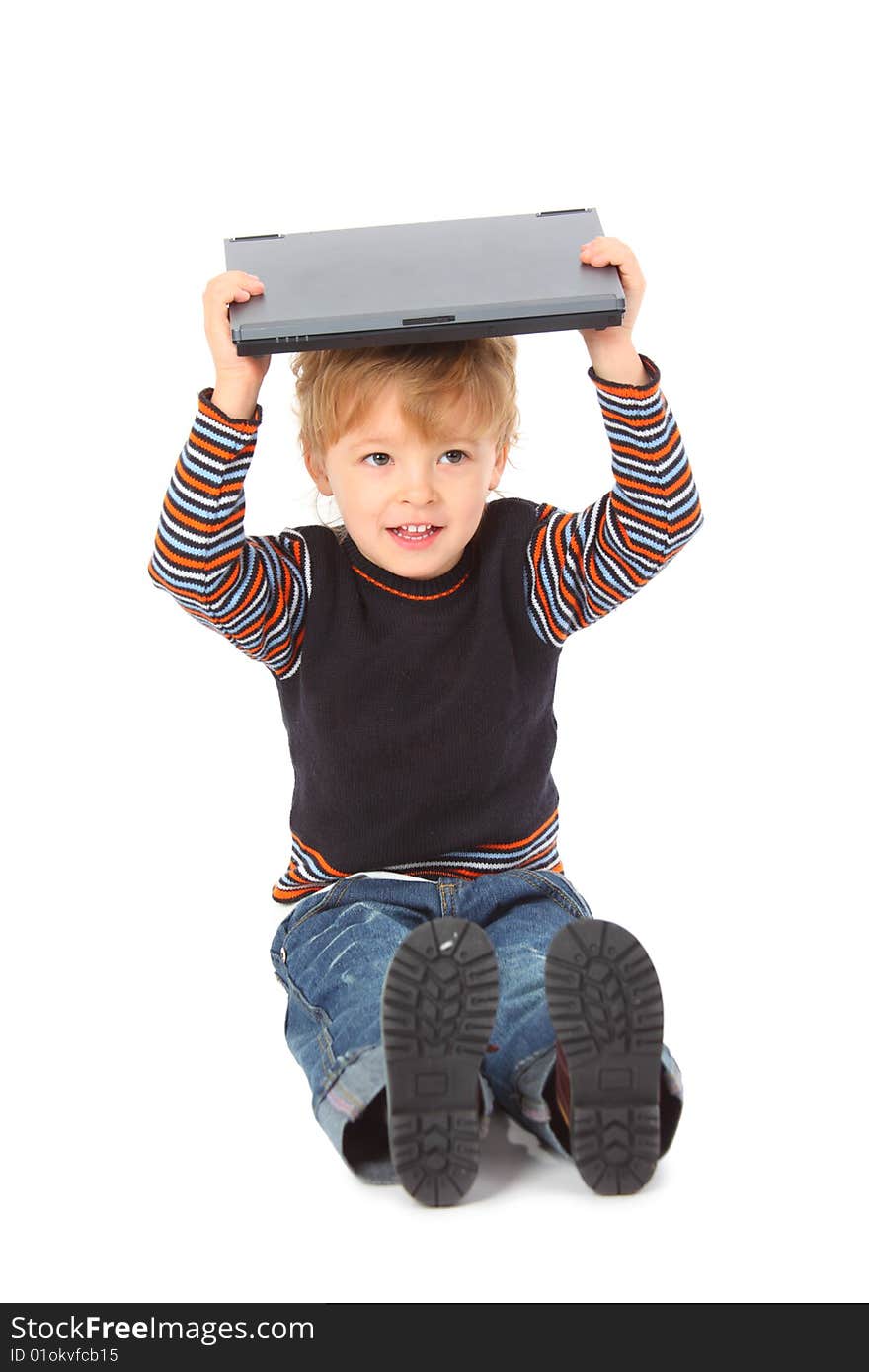 Boy hold laptop on head on white background