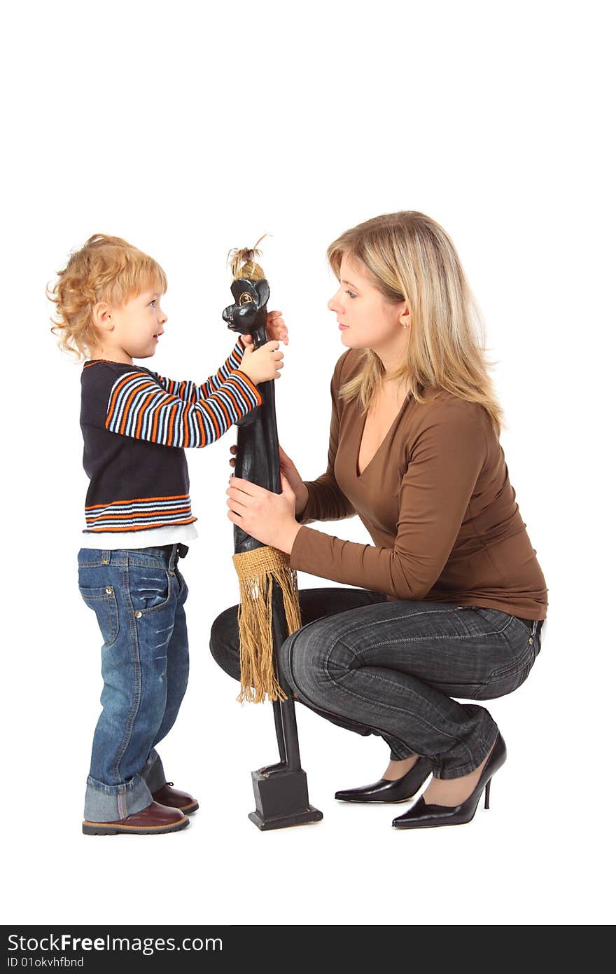 Boy and mother with wooden toy on white background