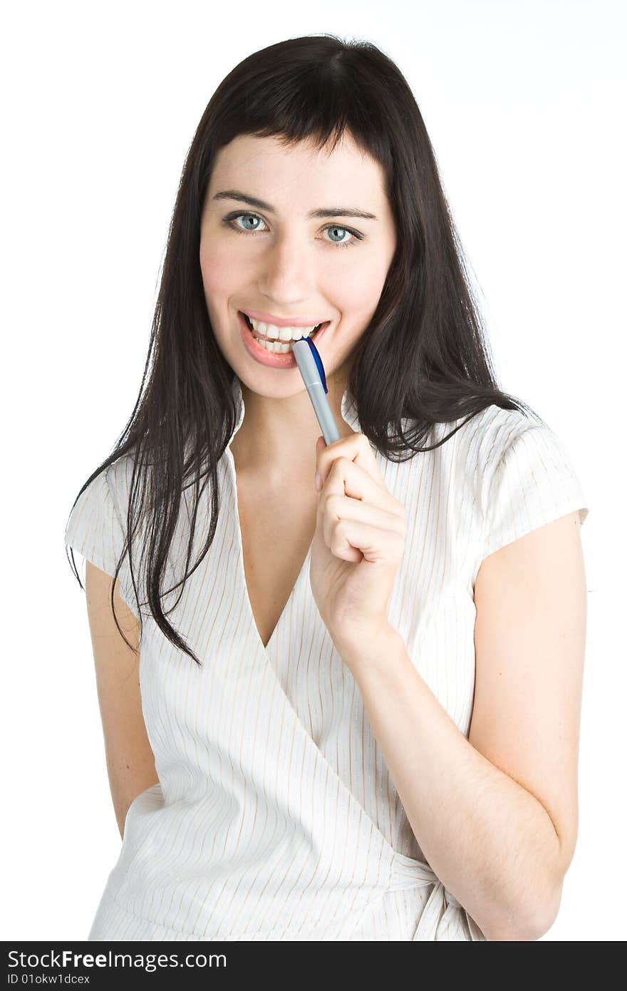 Young smiling woman in a business suit. Isolated on white background