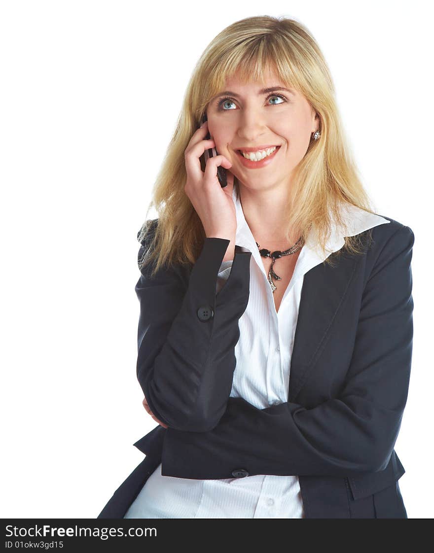 Young business woman with mobile phone. Isolated on white background