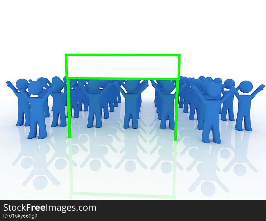 3d render of blue persons with poster. 3d render of blue persons with poster