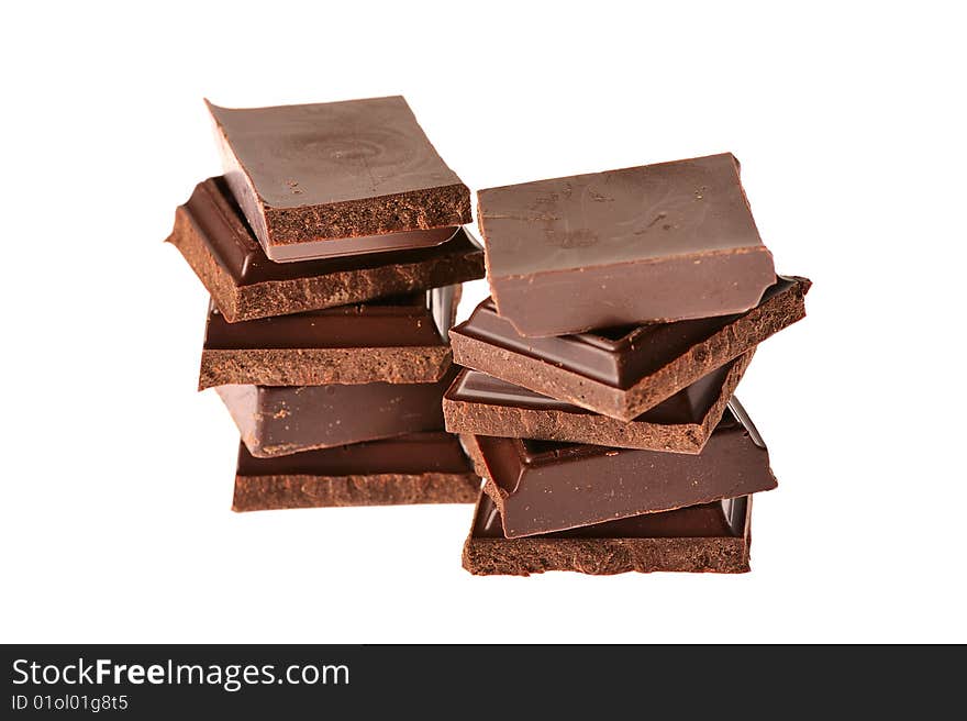 Blocks of chocolate on white background