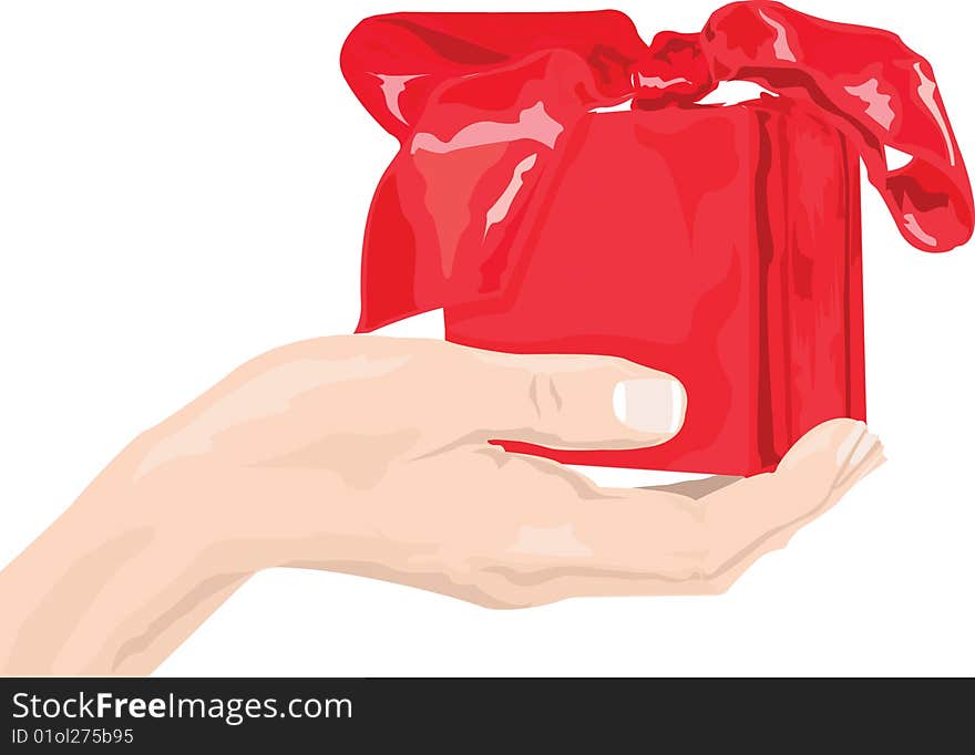 A hand holding a christmas present in red.