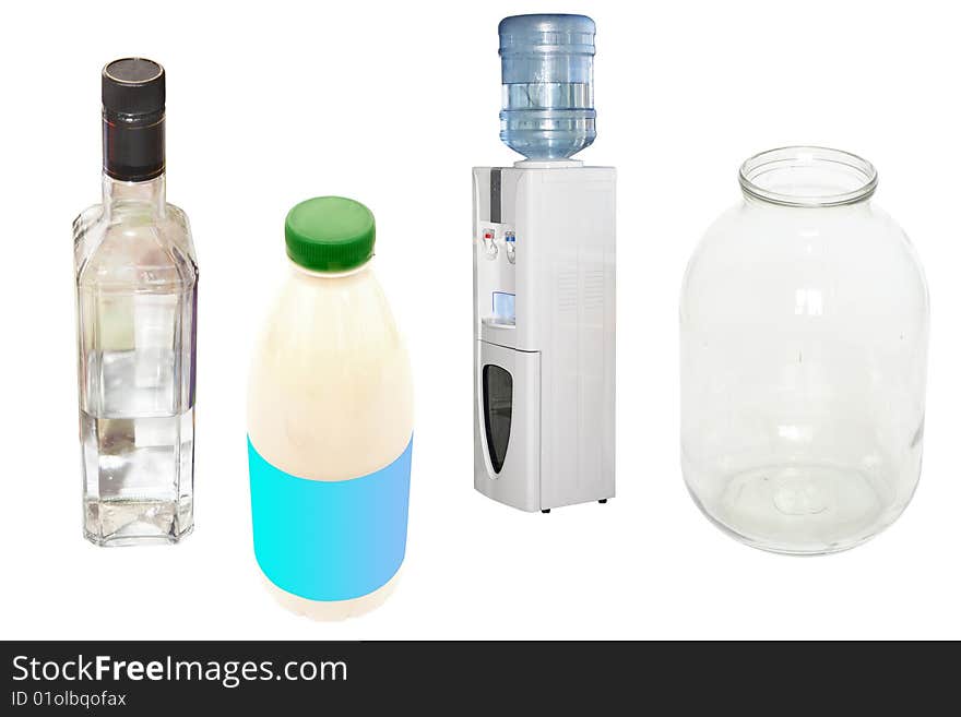 Bottles, glass jar and cooler under the white background