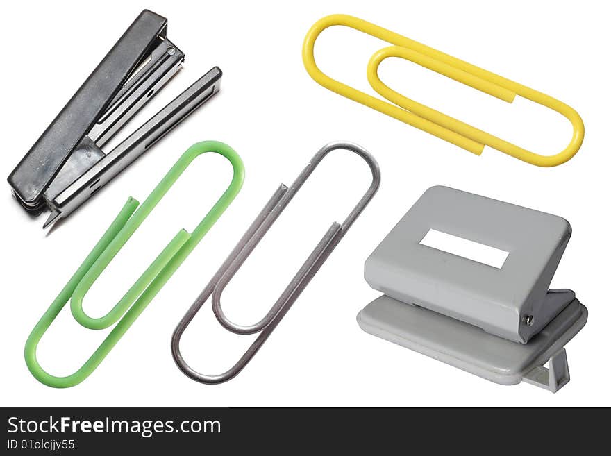 Stapler, puncher and paper clips