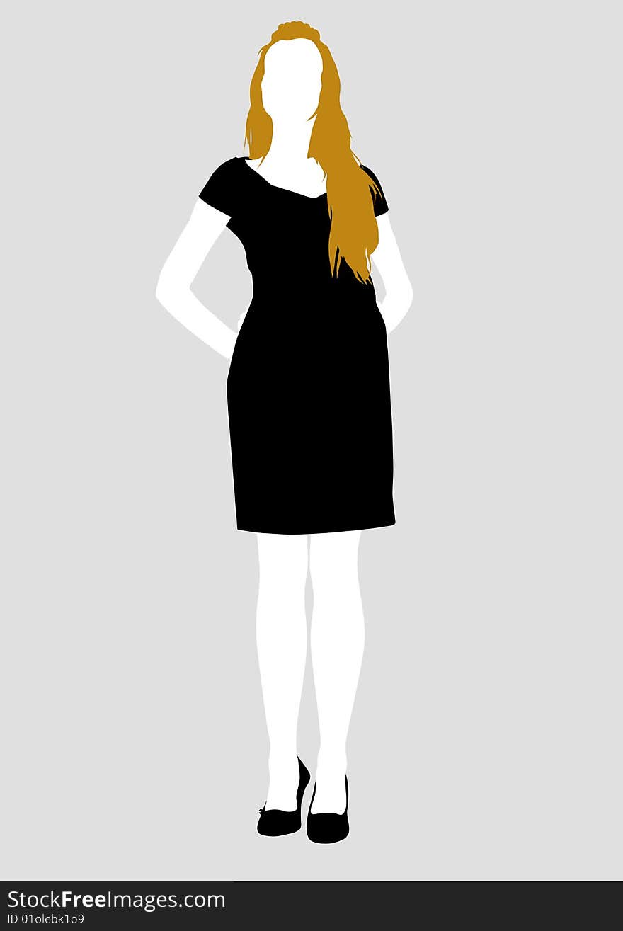 Vector drawing girl in black dress, silhouette against a white background. Saved in eps format for illustrator 8.