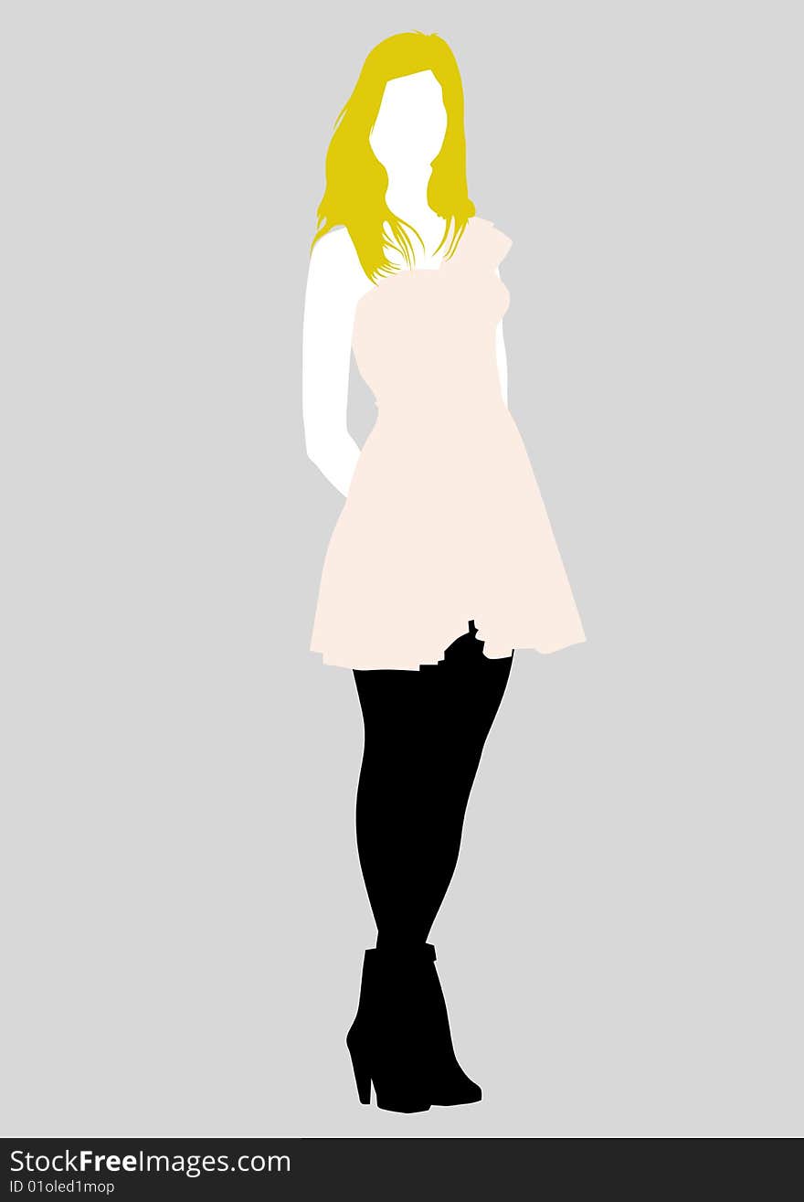 Vector drawing girl in pink dress, silhouette against a white background. Saved in eps format for illustrator 8.