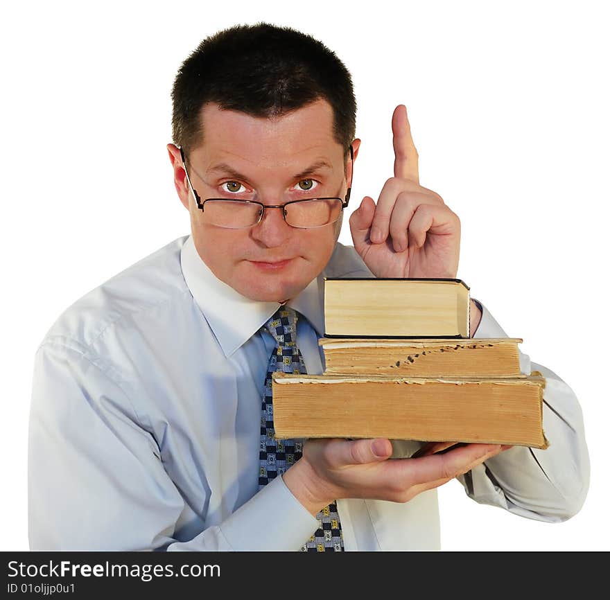 Man with a age-old books, isolated on a white background. Man with a age-old books, isolated on a white background