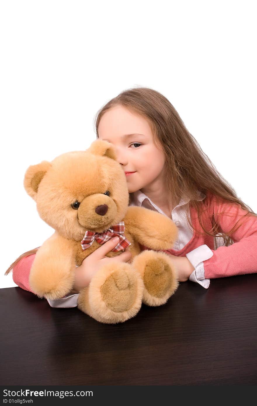 Little Girl With Teddy Bear Isolated