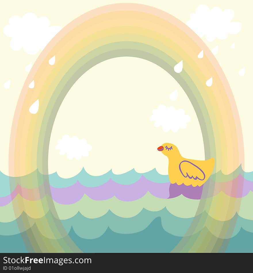 Duck under the rainbow - cartoon background