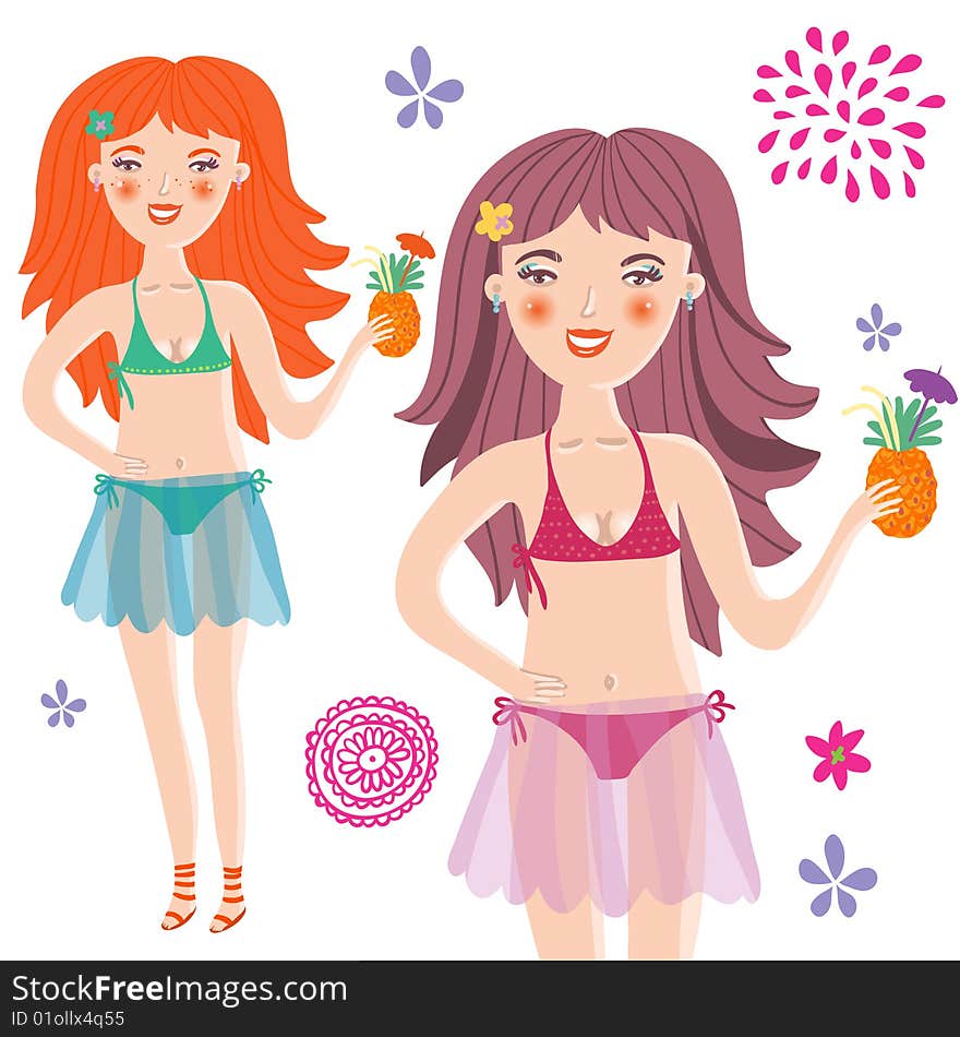 Beautiful smiling girl in bikini with cocktail - cute cartoon illustration