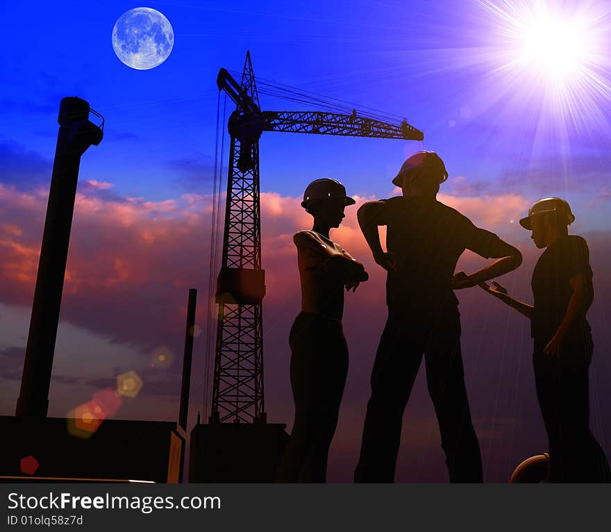 Group of the workers on a background of the sky