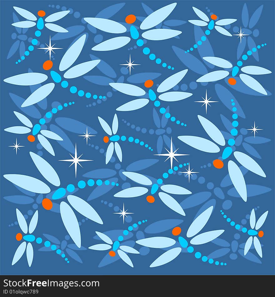 Stylized pattern with dragonfly silhouettes on a blue background. Stylized pattern with dragonfly silhouettes on a blue background.