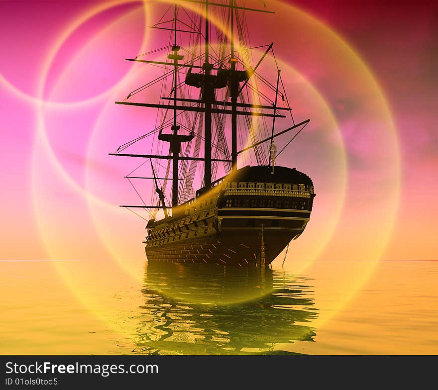 The ancient ship in the sea