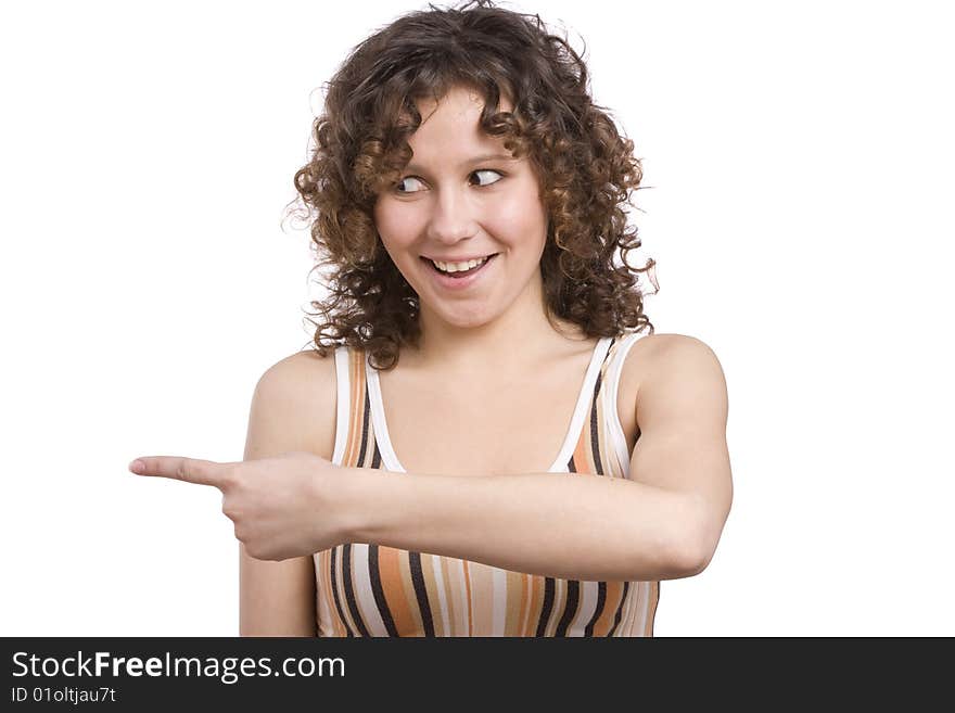 Woman is pointing to the left and smiling Beautiful girl is showing a direction with her hands. Isolated on a white background. Woman is pointing to the left and smiling Beautiful girl is showing a direction with her hands. Isolated on a white background.