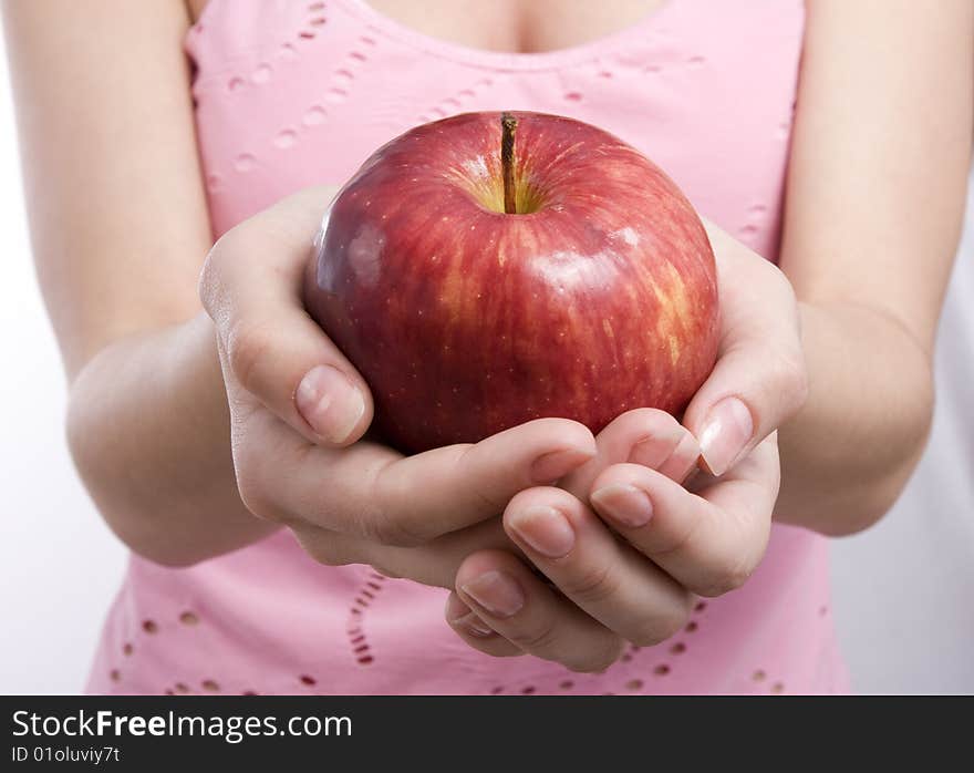 Woman holding apple in hand. Girl with apples. Isolated over white. Woman holding apple in hand. Girl with apples. Isolated over white.