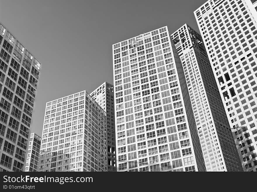 Modern buildings intended for small office/home office, beijing, china; in black and white.