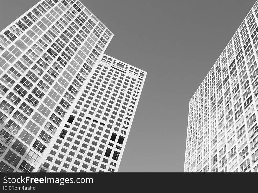 Modern buildings intended for small office/home office, beijing, china; in black and white.