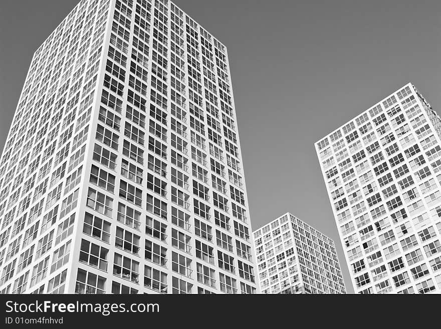 Modern buildings intended for small office/home office, beijing, china; in black and white.