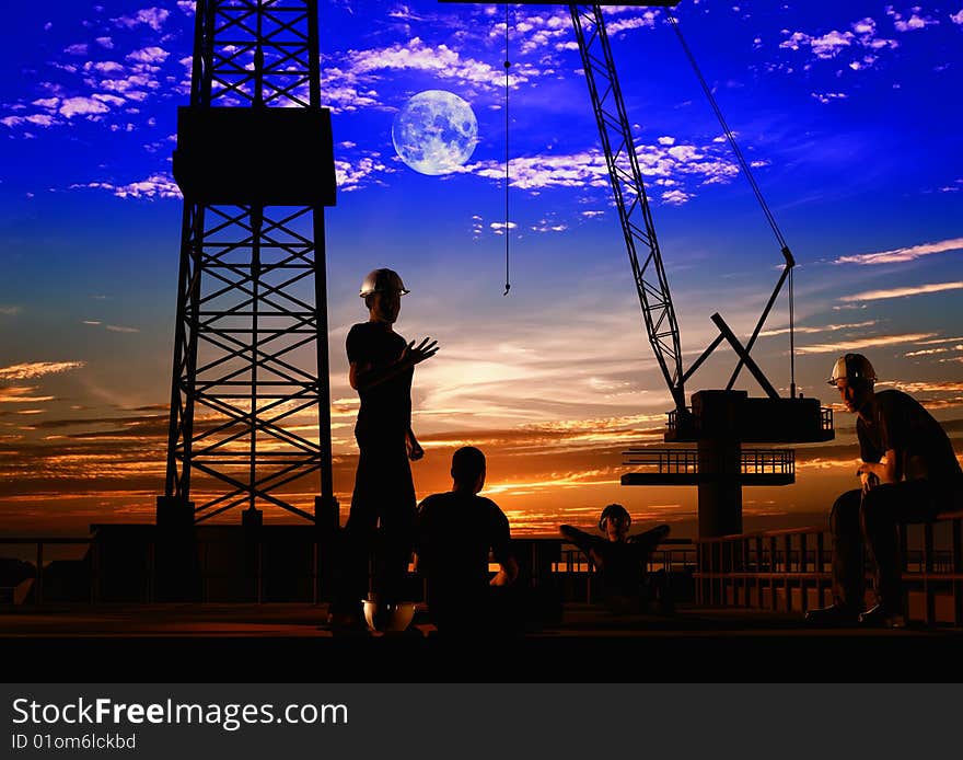 Group of the workers on a background of the sky