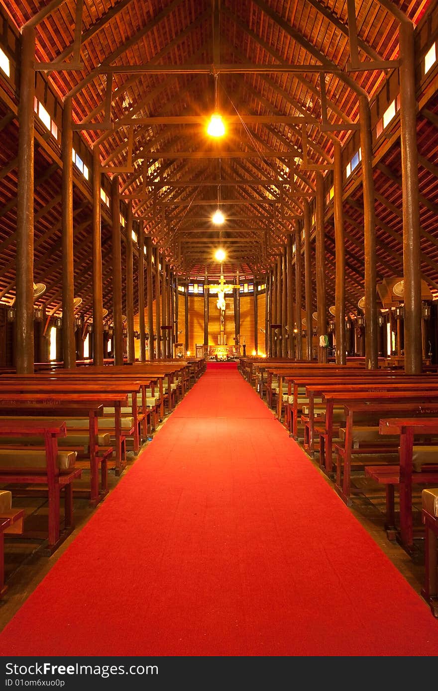 Inside of wood church in Yasothorn province, northeast of Thailand. Inside of wood church in Yasothorn province, northeast of Thailand