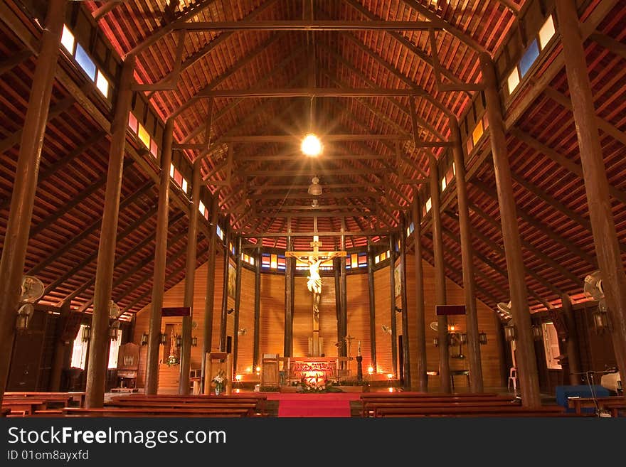 Inside of wood church in Yasothorn province, northeast of Thailand. Inside of wood church in Yasothorn province, northeast of Thailand