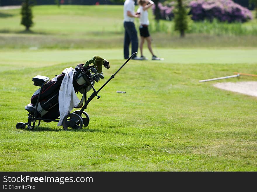 Golfbag with clubs waiting to be used.