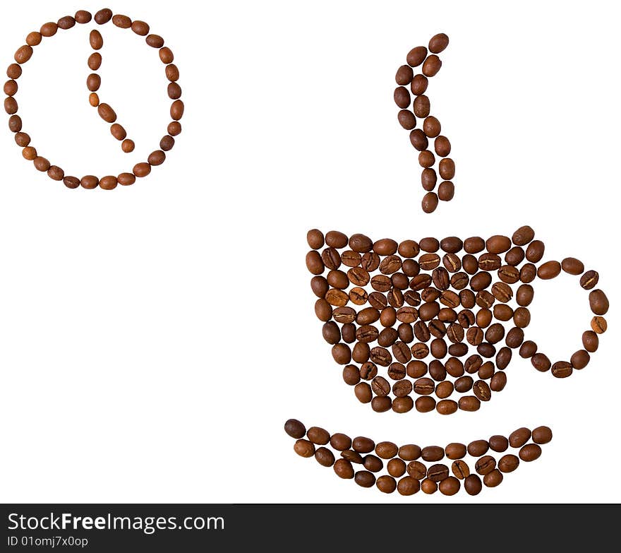 Coffee-beans cup with saucer and clock on white background. Coffee-beans cup with saucer and clock on white background