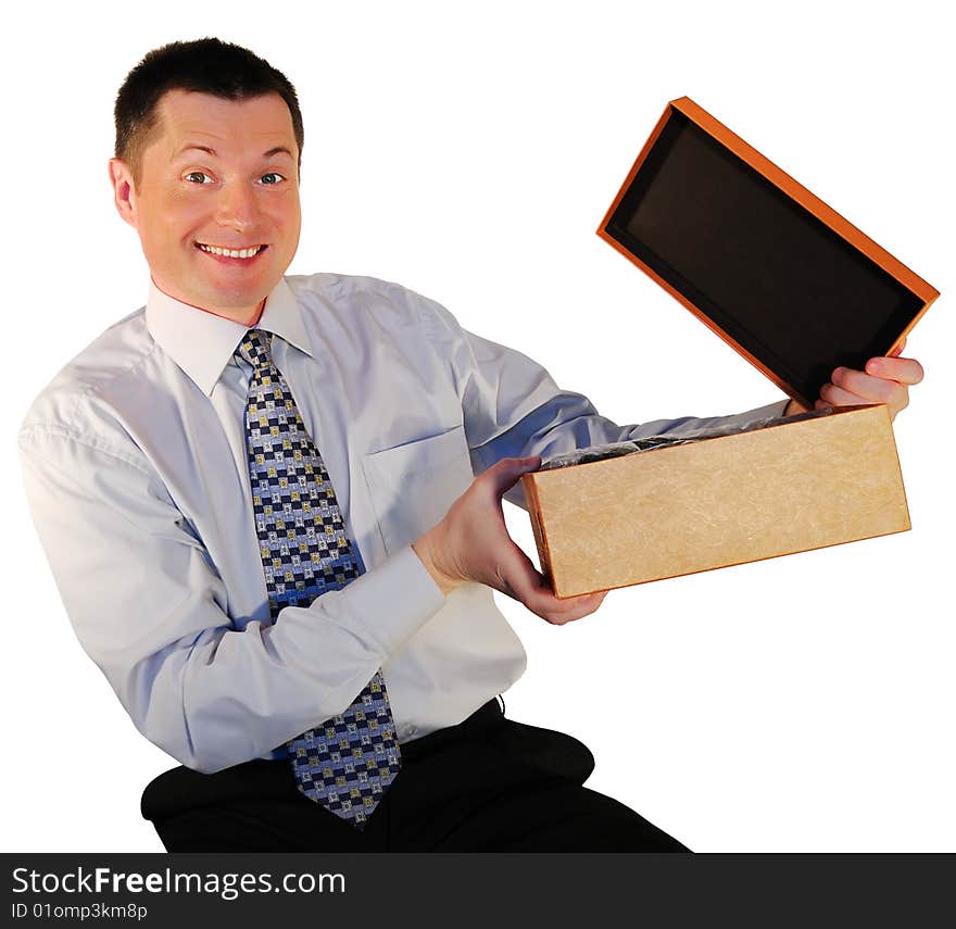 Man stretches out a hand for a simple box