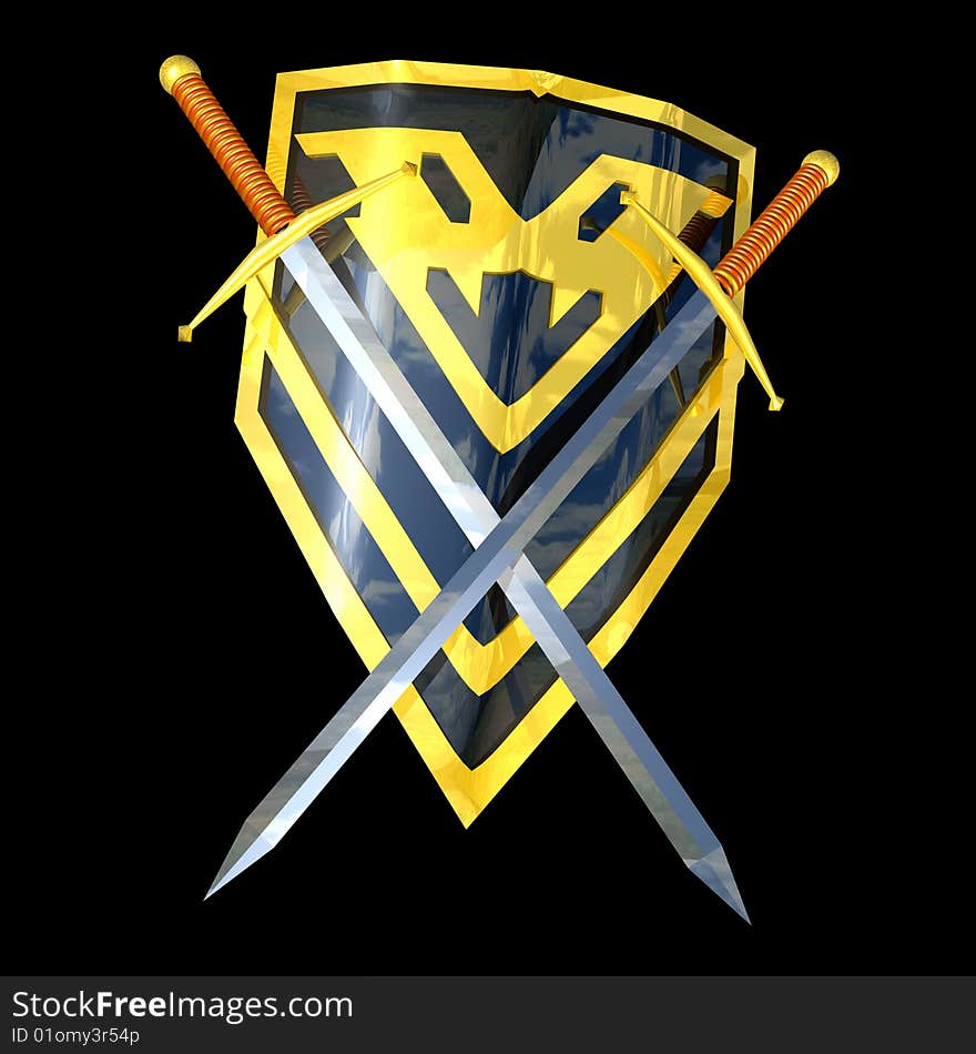 Metal shield and two swords crossed on black background, 3D computer generated illustration. Metal shield and two swords crossed on black background, 3D computer generated illustration