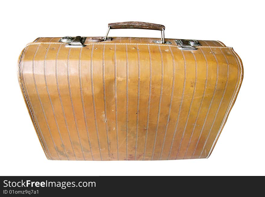 Suitcase under the white background. Focus on a top part of a suitcase