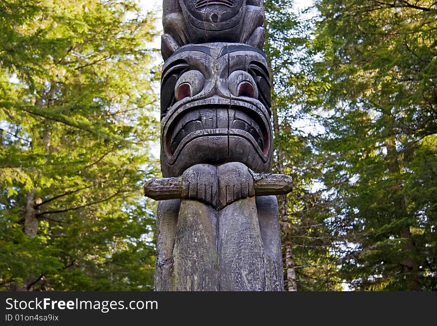 Close-up of Native American Wooden Totem Pole Carving