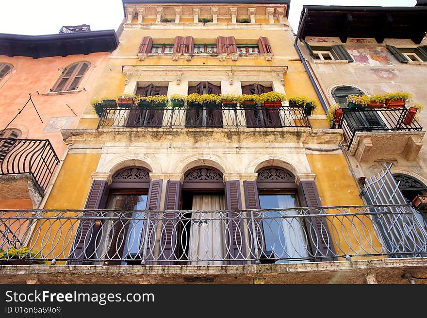 Details facade in Piazza delle Erbe in Verona, Italy