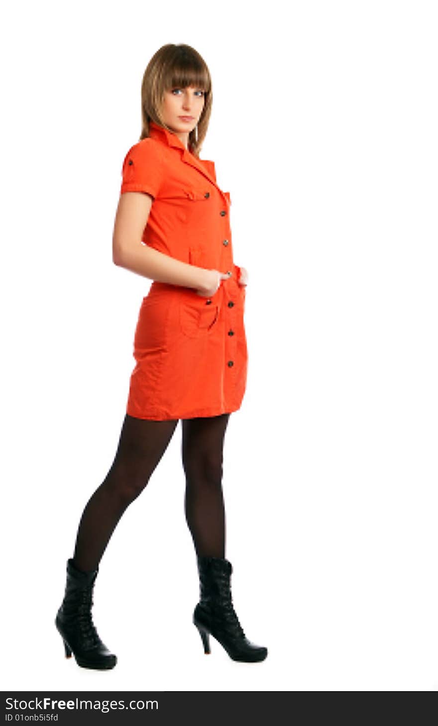 Glamor Girl In A Orange Dress Isolated