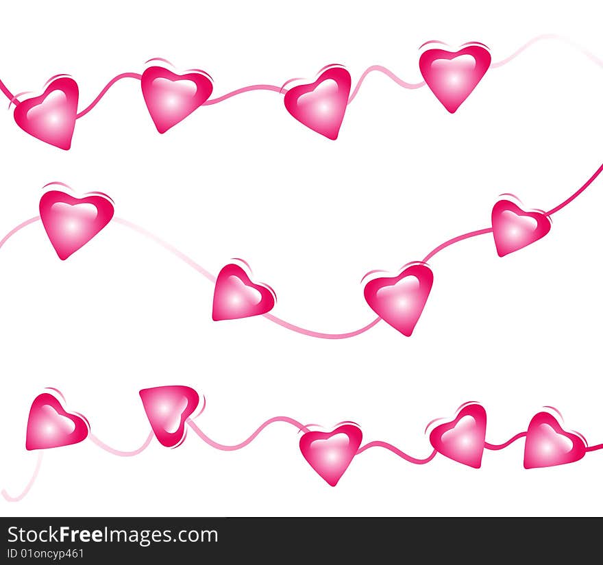 Hearts hanging  on floral wave lines. Hearts hanging  on floral wave lines