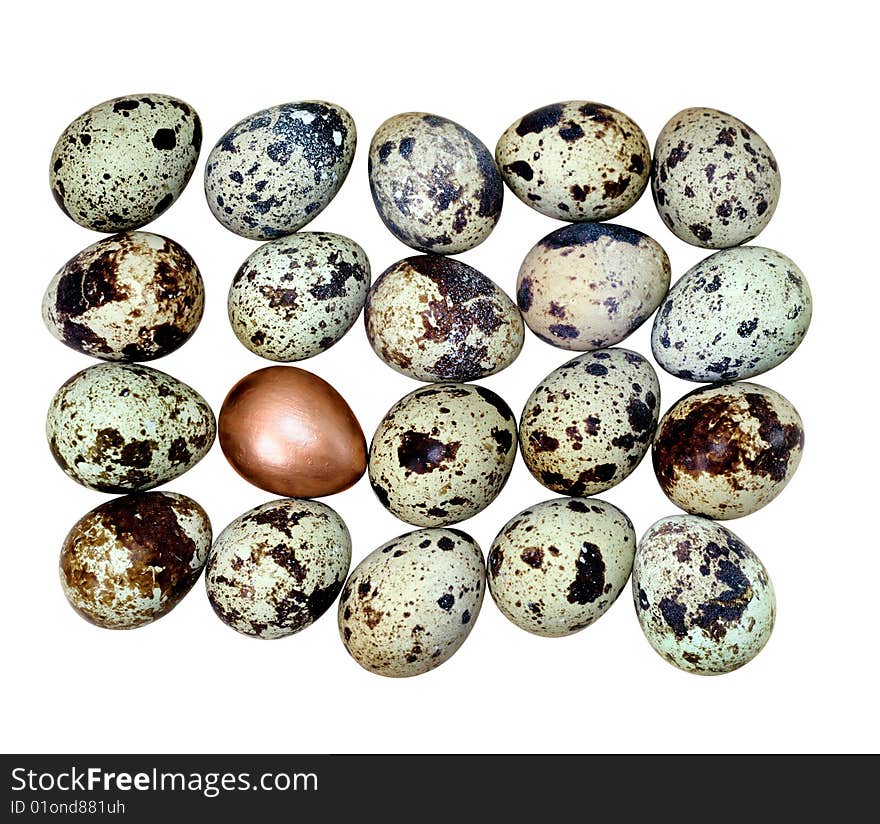 Twenty small quail eggs. Isolated on white. Twenty small quail eggs. Isolated on white