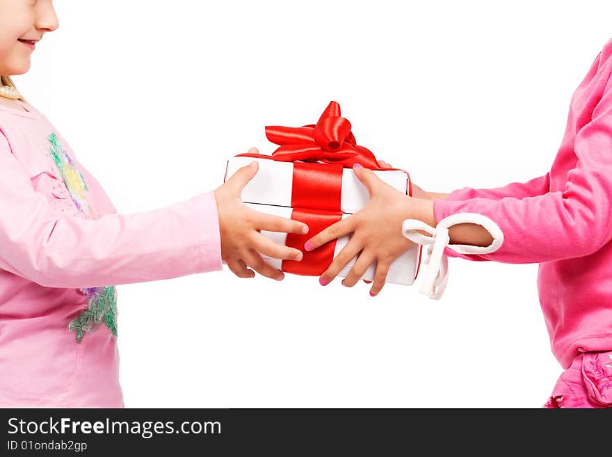 Little girls holding white gift boxes. Little girls holding white gift boxes