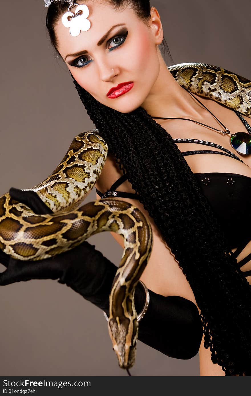 Gorgeous brunette holding boa constrictor. Gorgeous brunette holding boa constrictor