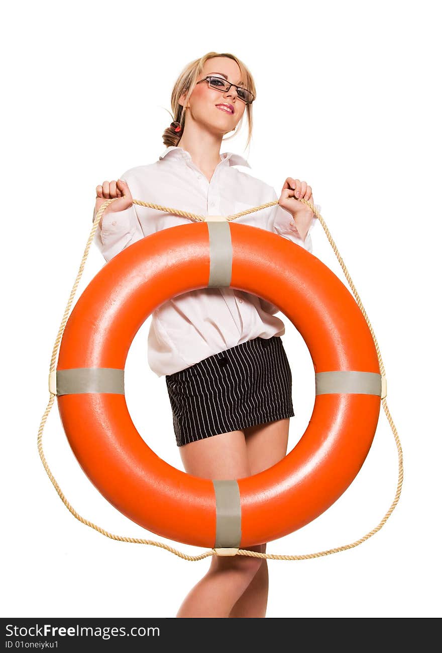 Young beautiful businesswoman with red life buoy