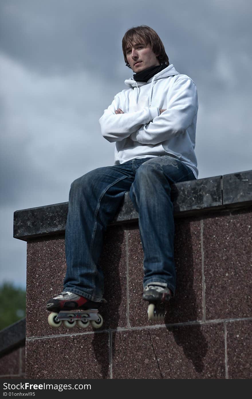 Portrait of a serious rollerskating man - shallow DOF. Portrait of a serious rollerskating man - shallow DOF