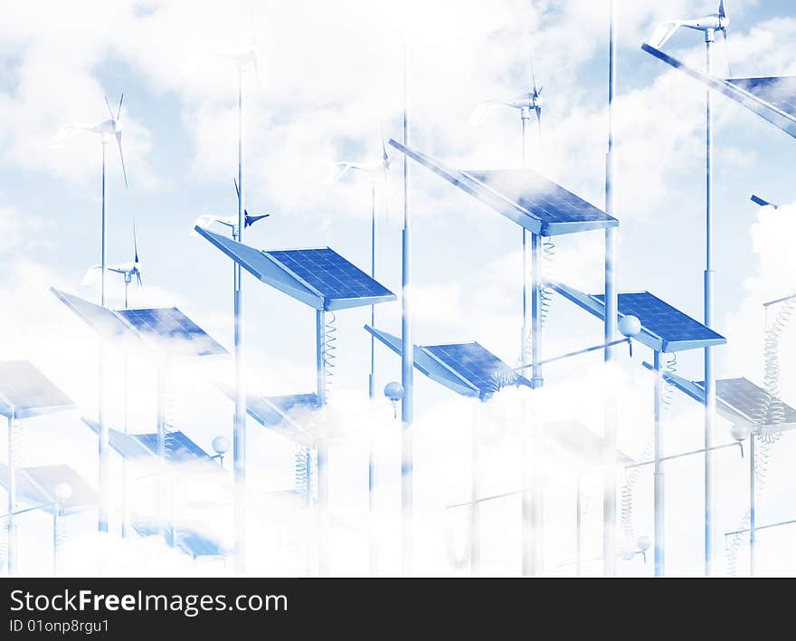 Cloud image overlaid on wind generators and solar panels. Cloud image overlaid on wind generators and solar panels