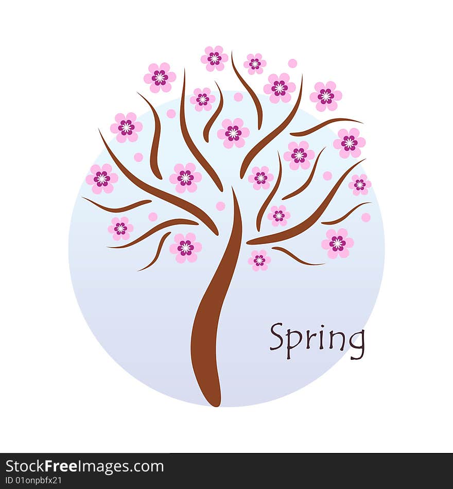 Seasonal tree: spring on blue circle background