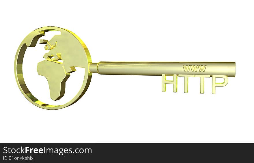 Golden key illustrating an www and http sign with a world symbol. Suitable for internet themed projects and web security concepts. Golden key illustrating an www and http sign with a world symbol. Suitable for internet themed projects and web security concepts.