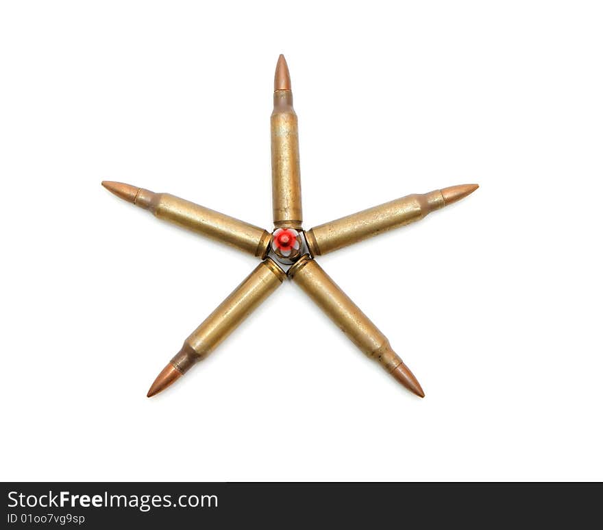 Five-pointed star made of 5.56mm M16 assault rifle cartridges isolated. Five-pointed star made of 5.56mm M16 assault rifle cartridges isolated