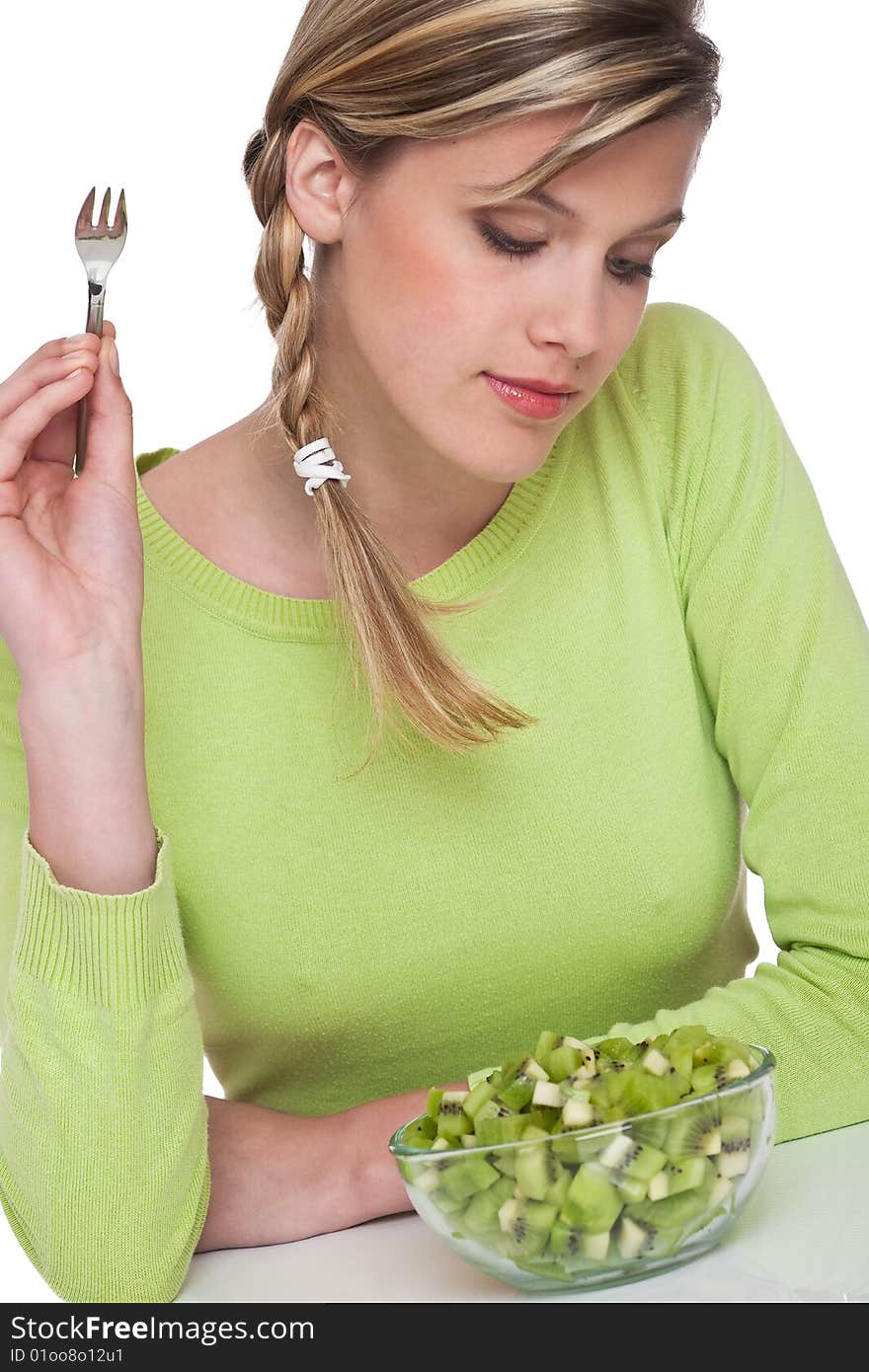 Woman with bowl of kiwi  on white background. Woman with bowl of kiwi  on white background