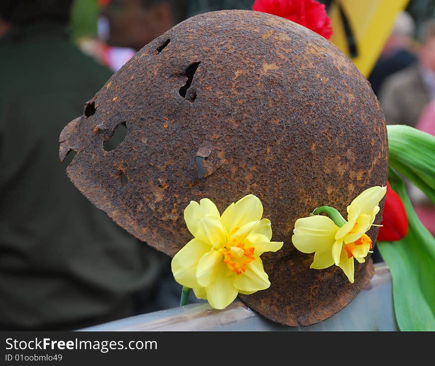 The soldier s helmet with the holes