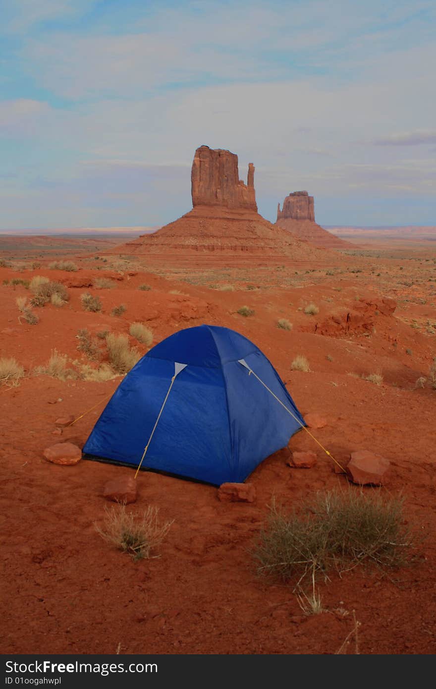 USA, Monument Valley- camping tent in front of mittens. USA, Monument Valley- camping tent in front of mittens